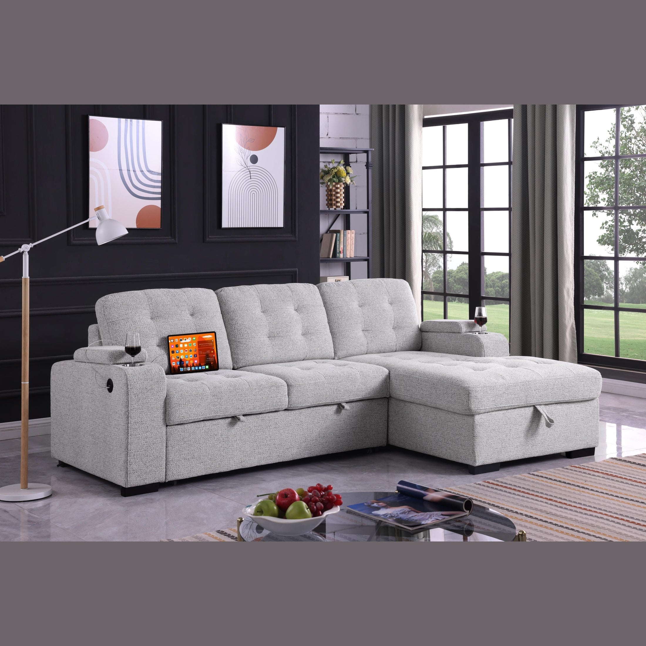 Alonso Media Sleeper Sectional in with USB and Cup Holder