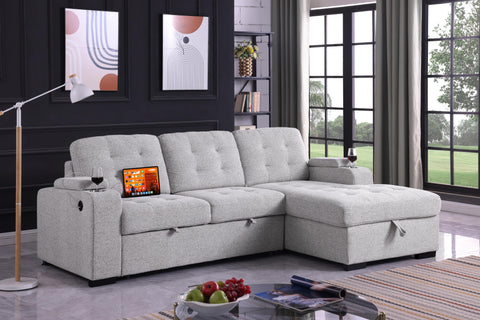 Alonso Media Sleeper Sectional in with USB and Cup Holder - Greige