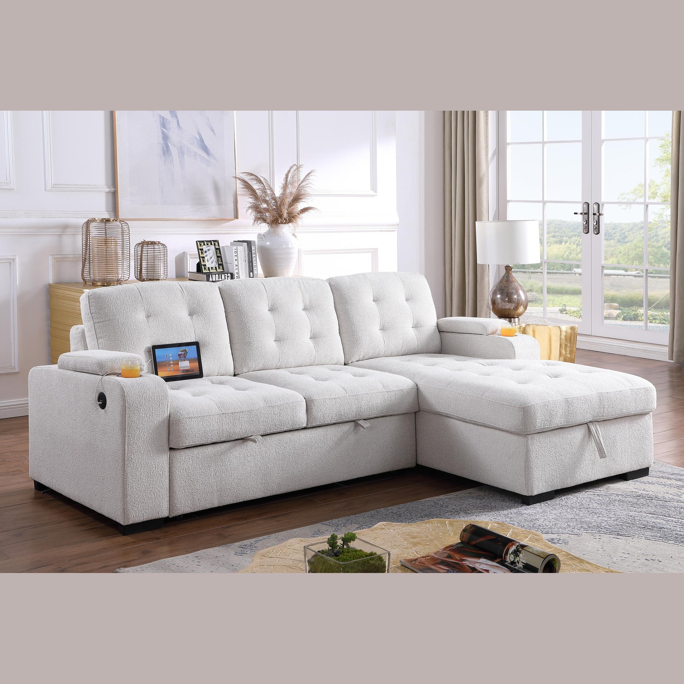 Alonso Media Sleeper Sectional in with USB and Cup Holder