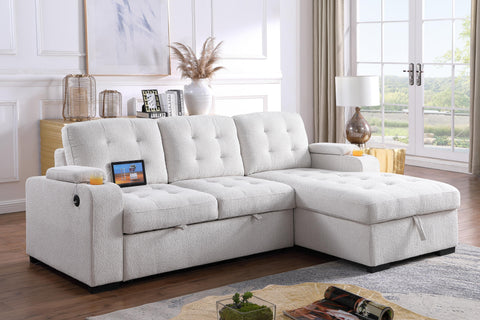 Alonso Media Sleeper Sectional in with USB and Cup Holder - Ecru