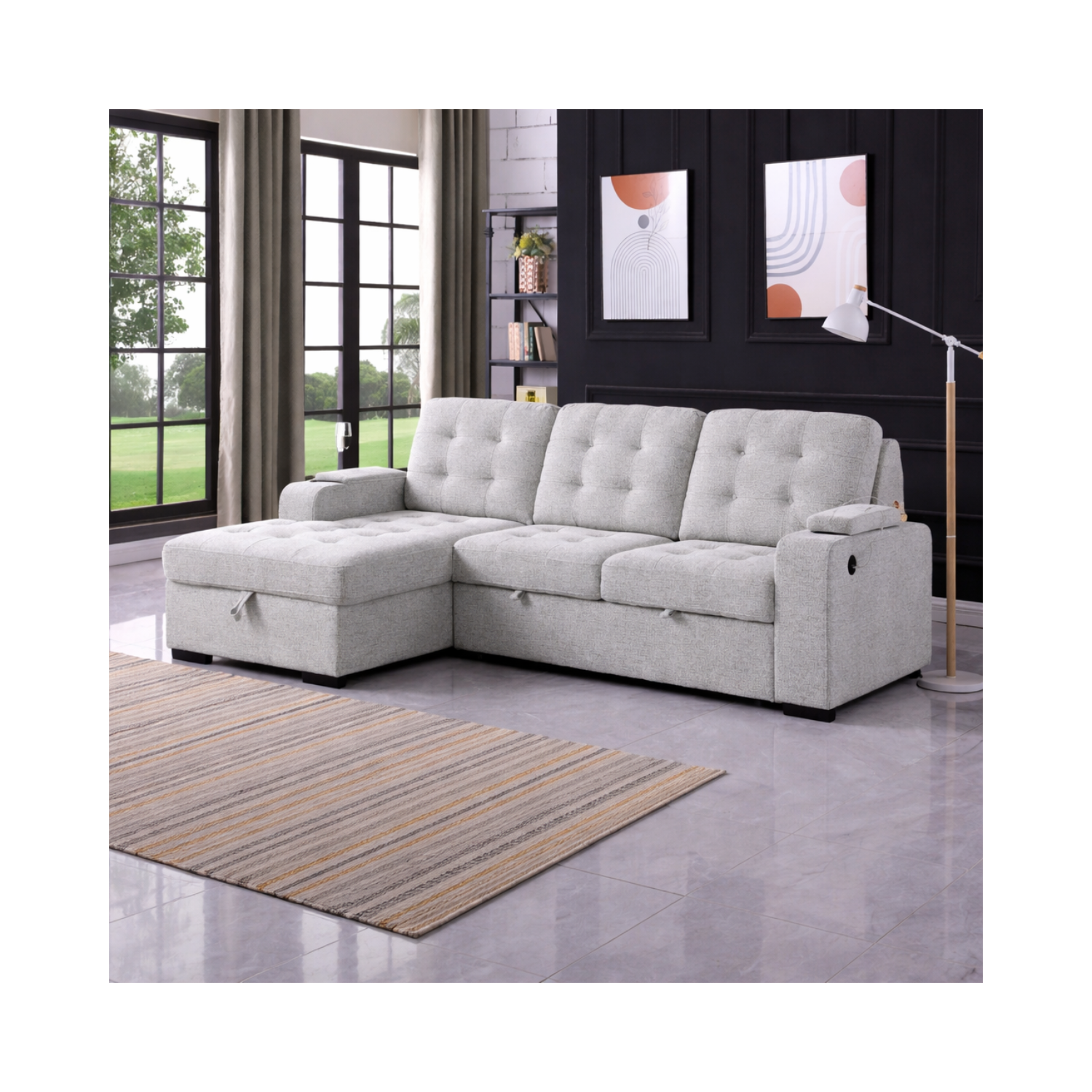 Alonso Media Sleeper Sectional in with USB and Cup Holder