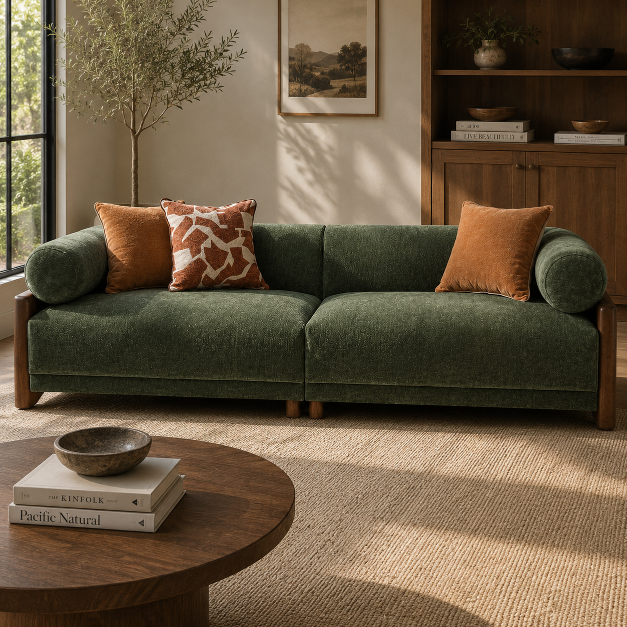 Alvino Modern Upholstered Sofa with Feather Pillows & Solid Wood Legs