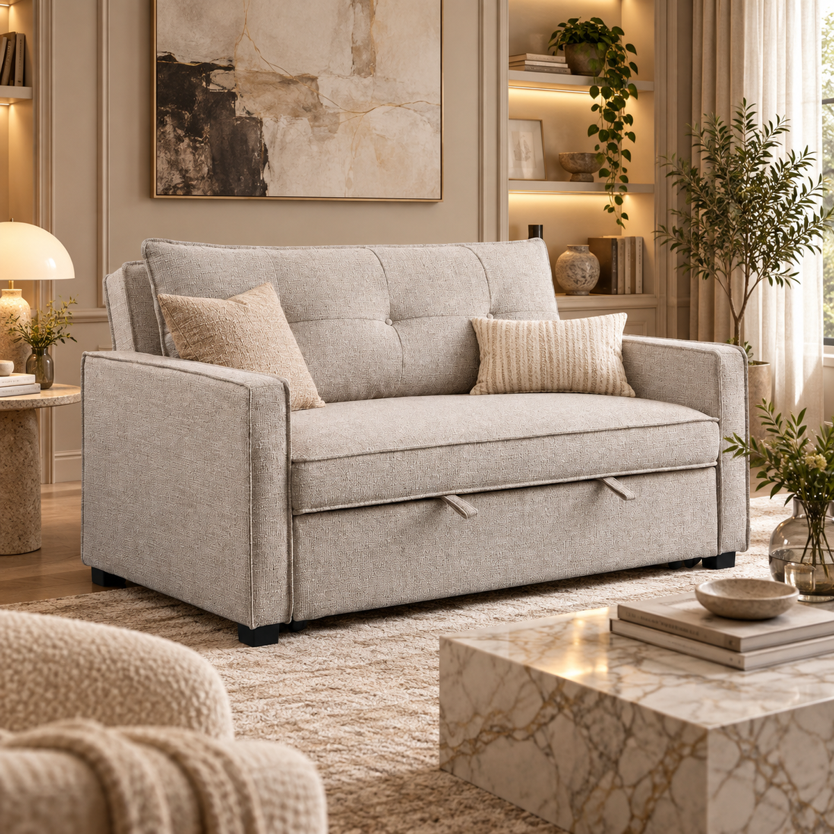 Argyle 2-Seater Performance Fabric Pull-Out Loveseat Sleeper – Oatmeal
