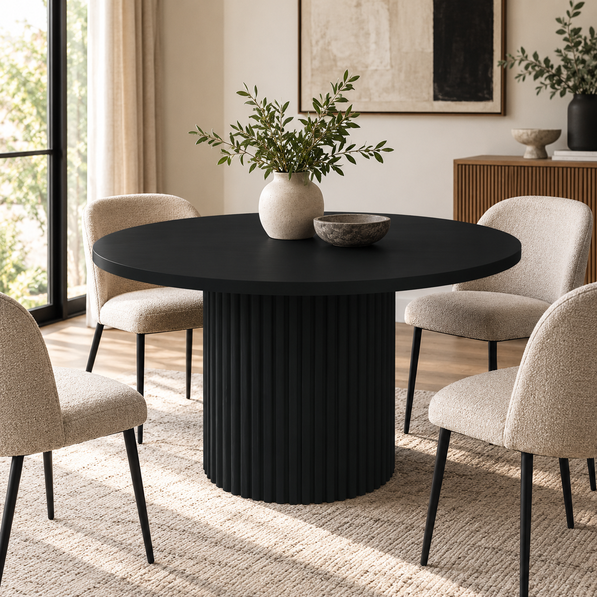 Auden 48" Fluted Oak Round Dining Table – Black