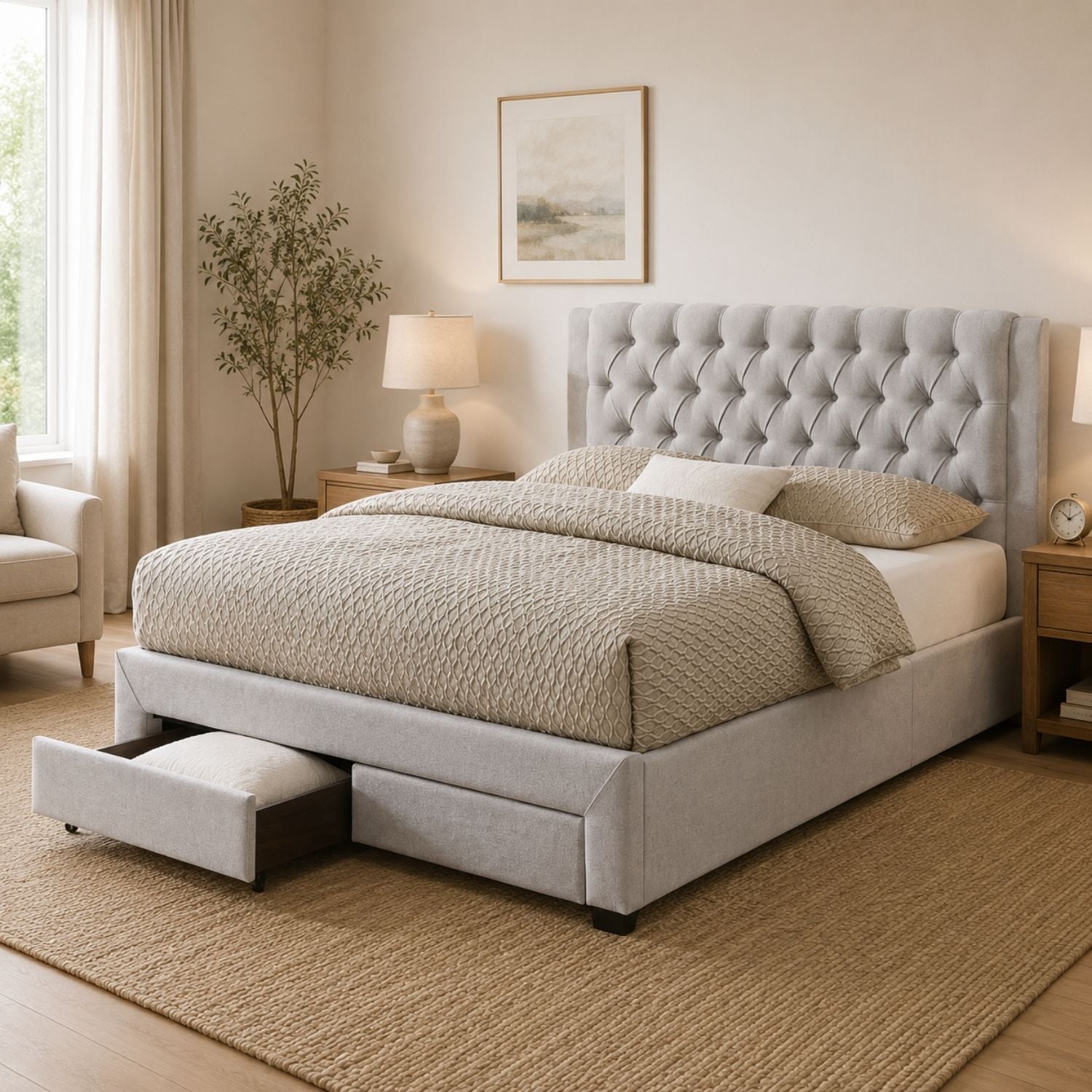 Austin Storage Platform Bed w/ Premium Fabric - Stone