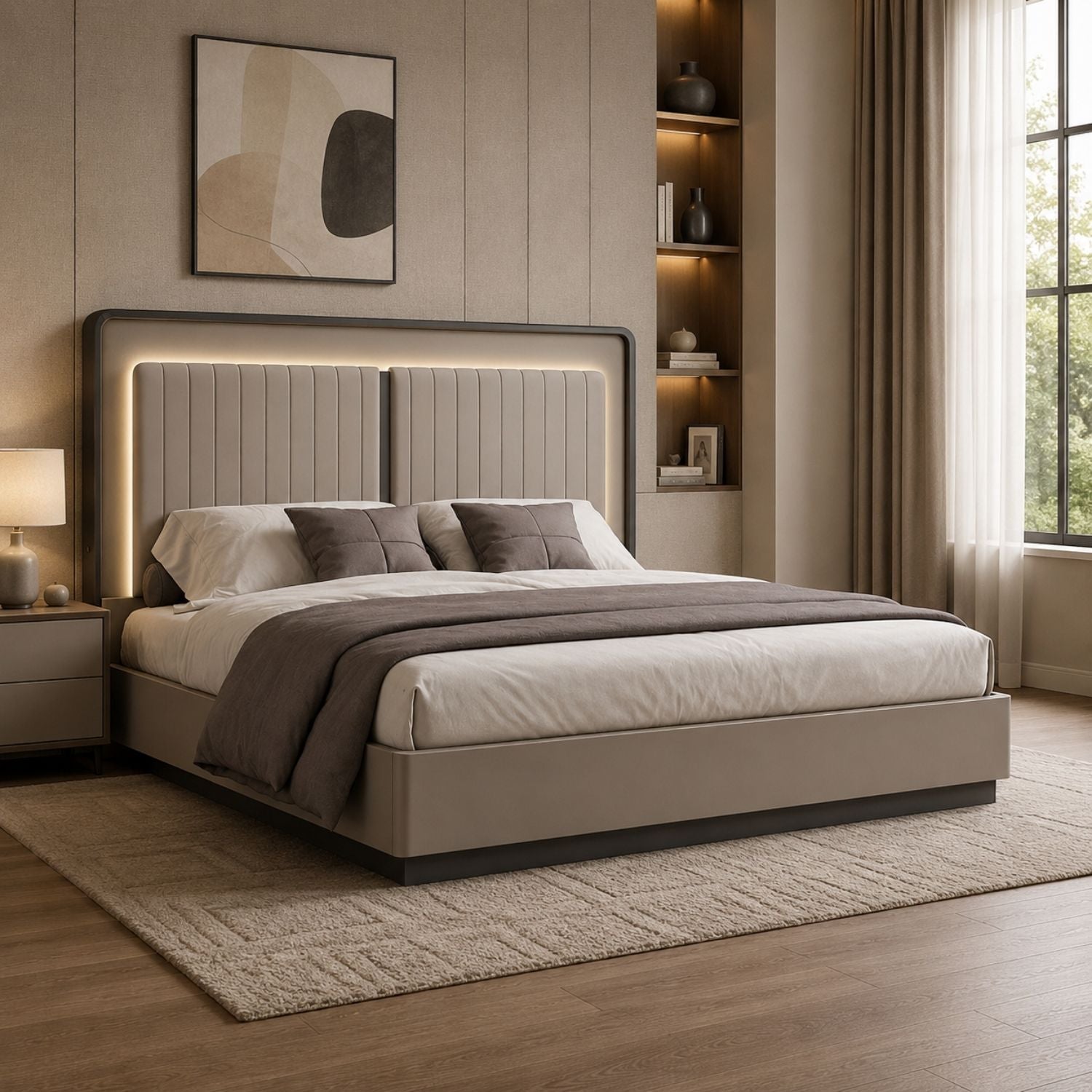 Avira Modern Storage Bed with LED Headboard – Grey