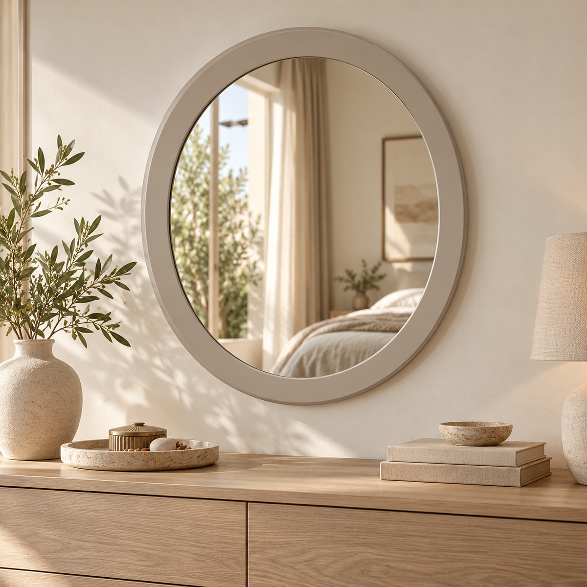 Bellagio Round Bedroom Mirror – Flannel Grey
