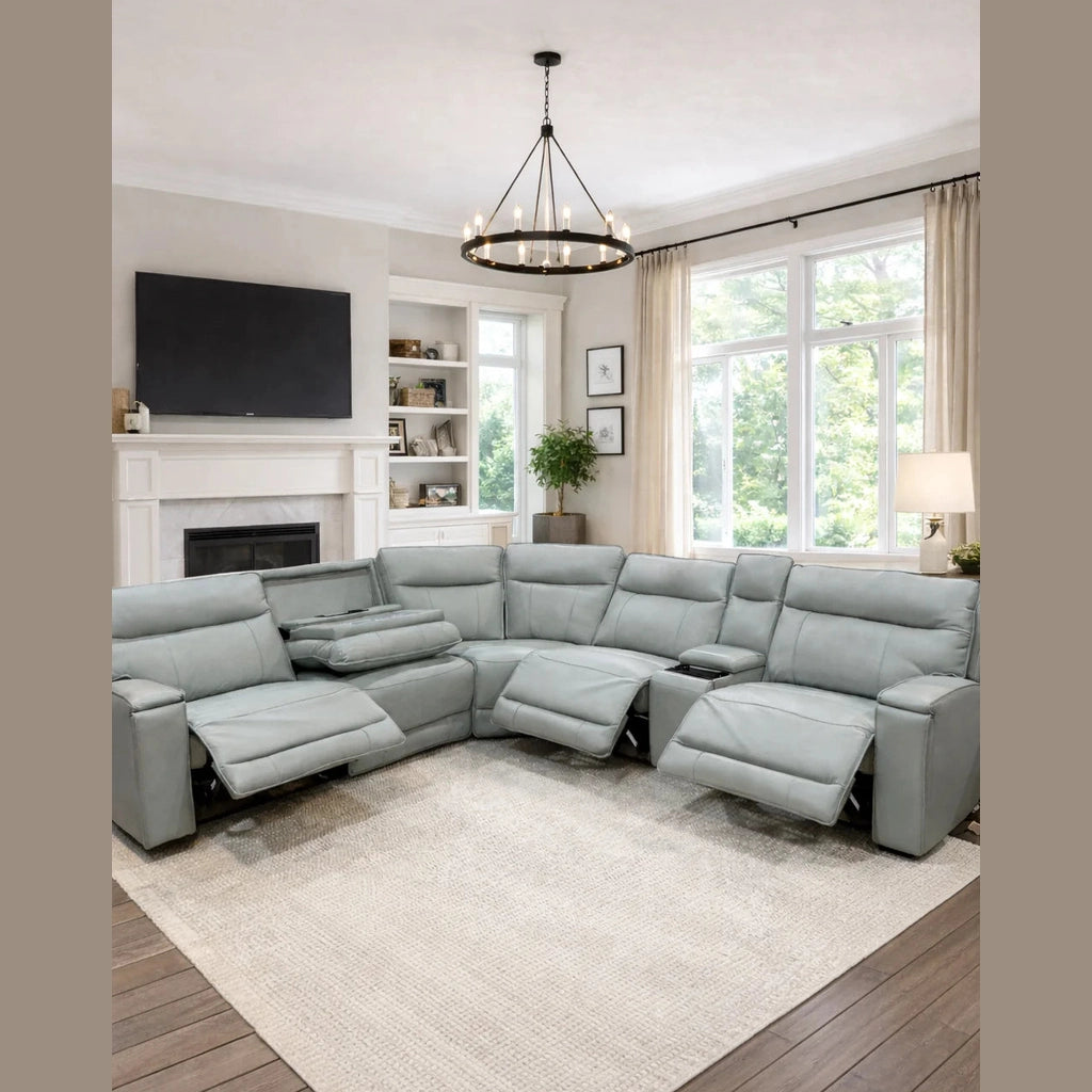 Maceo Genuine Leather Modular Recliner Sectional - Grey