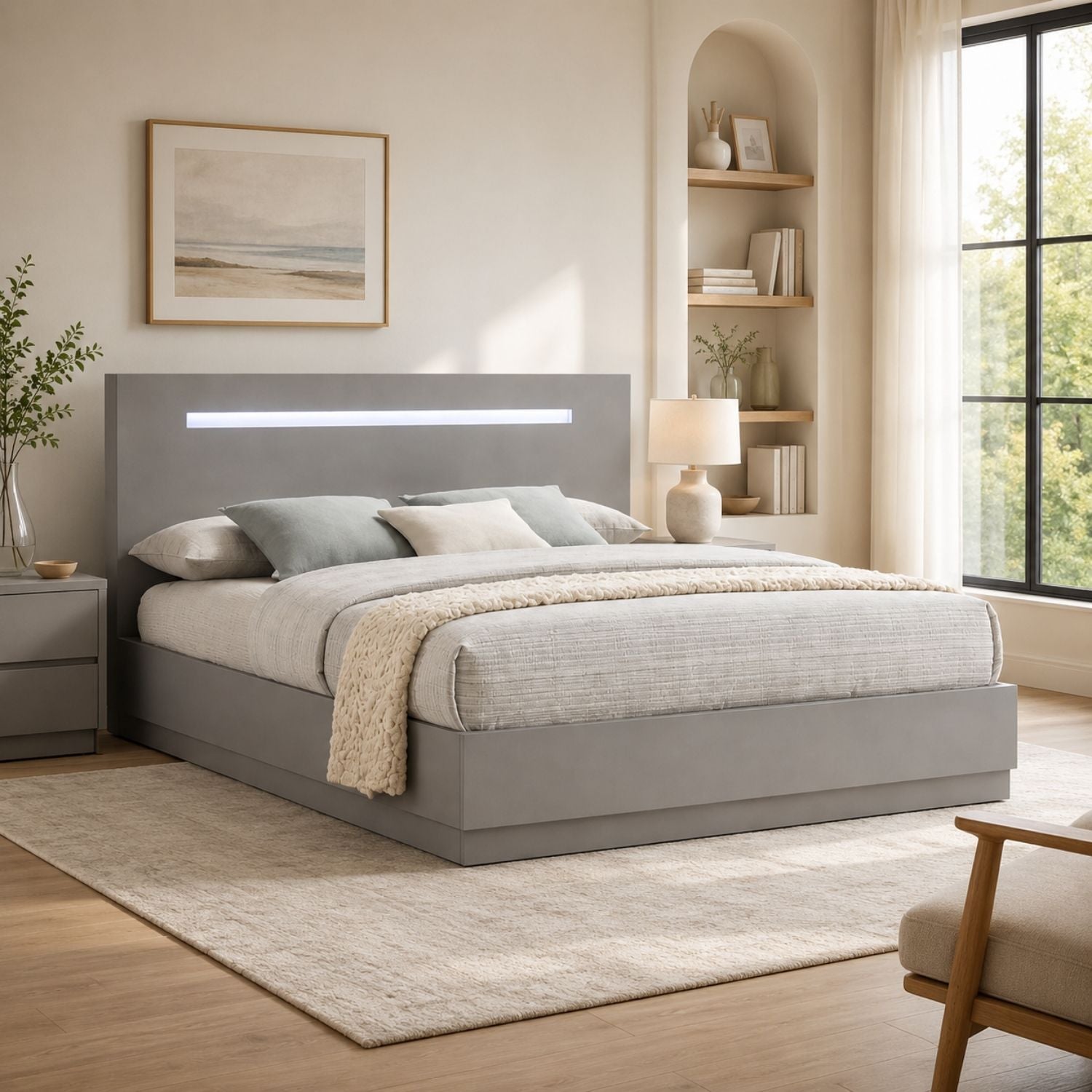 Casia Gloosy Bed with LED Lights - Grey King only