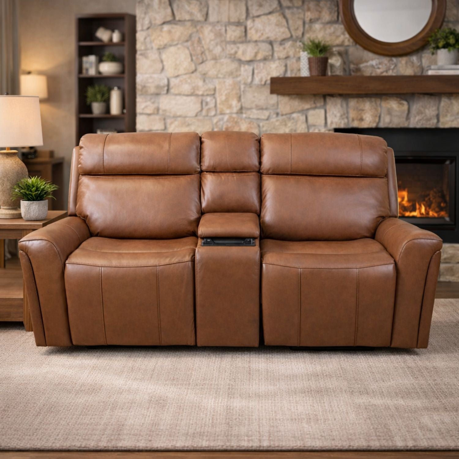 Cavallo Genuine Leather Power Recliner Loveseat with Console
