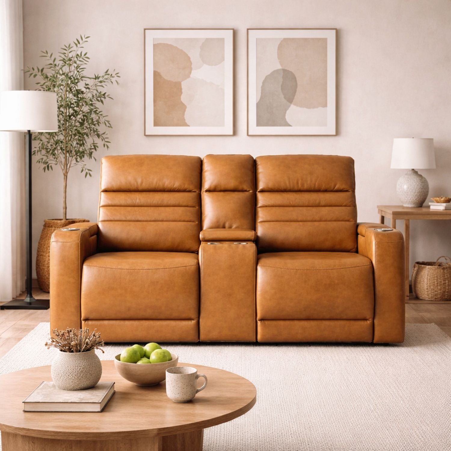 Creston Genuine Leather Power Recliner Loveseat with Power Headrest with USB/C – LED Lights – Cup Holders & Storage