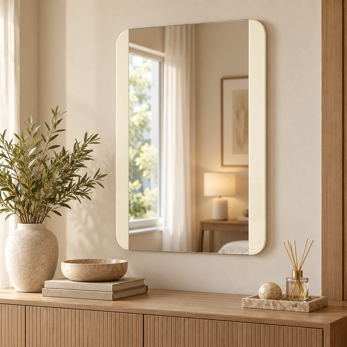 Elara Modern Bedroom Mirror – Beige High Gloss