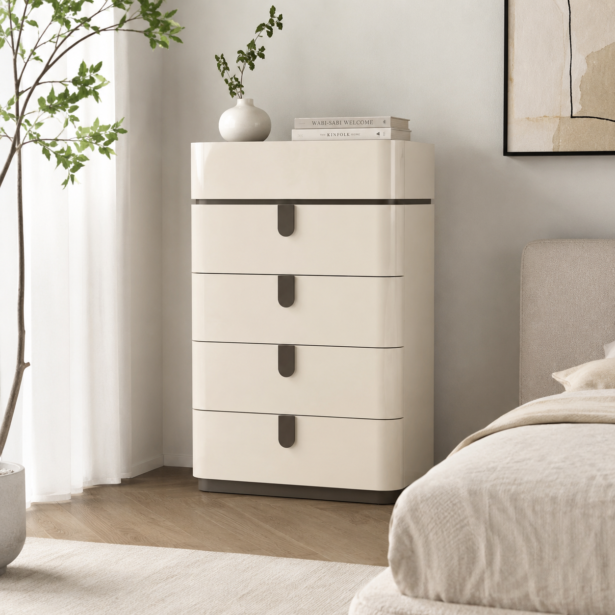 Elara Modern Chest – Beige High Gloss