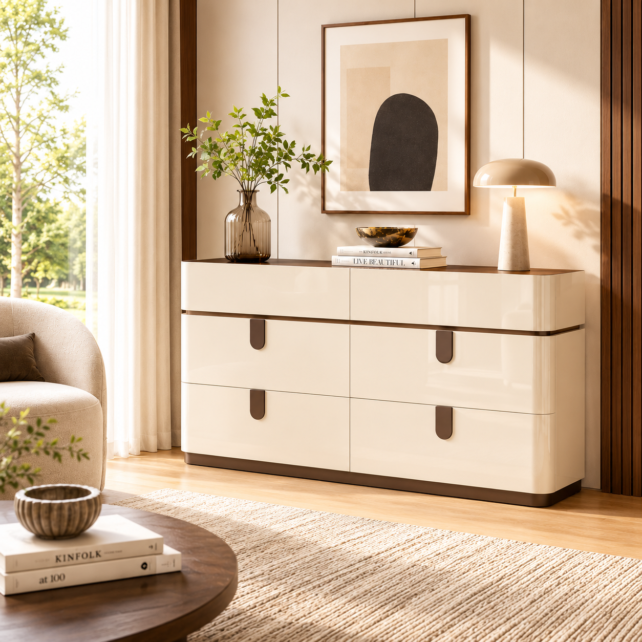 Elara Modern Dresser – Beige High Gloss