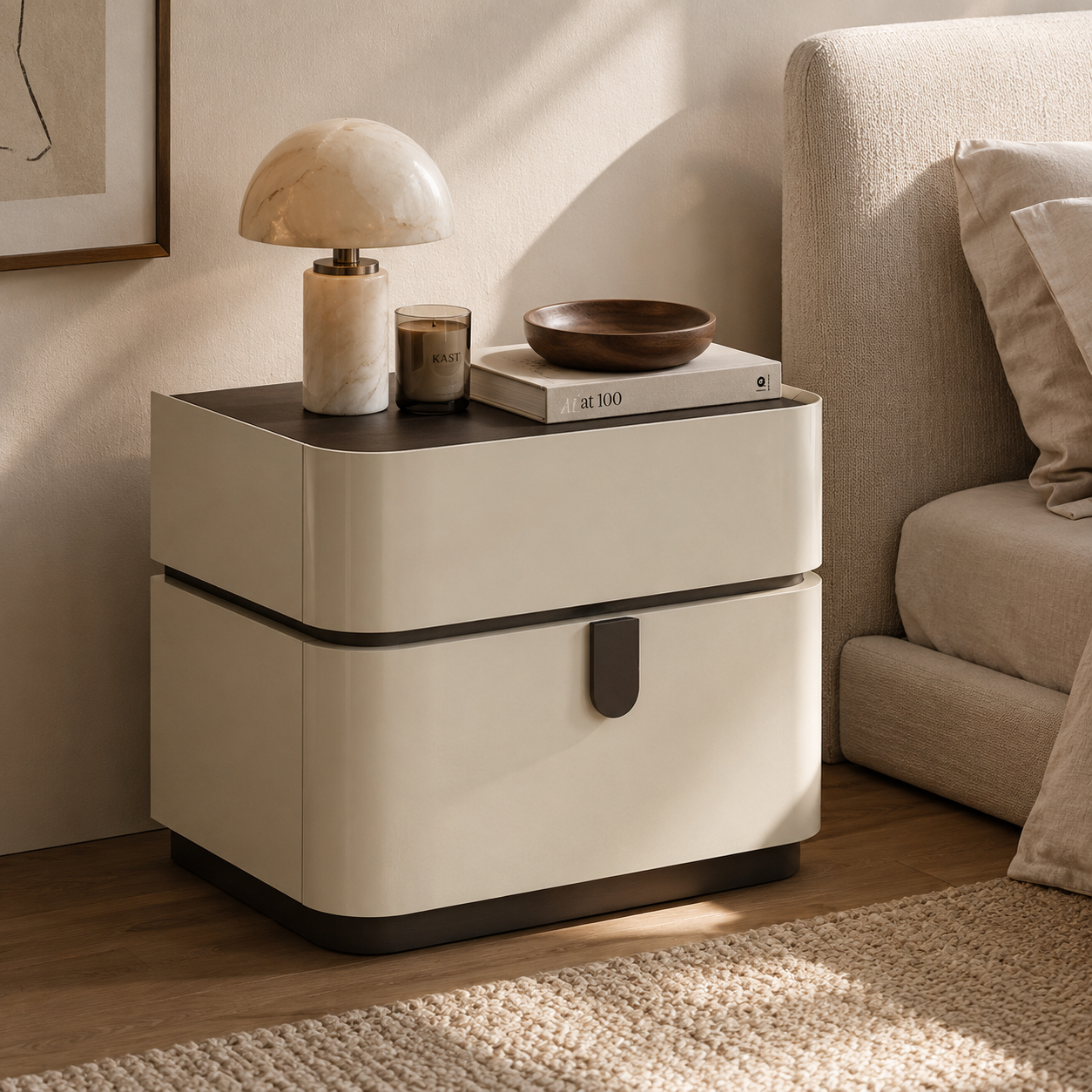 Elara Modern Nightstand – Beige High Gloss