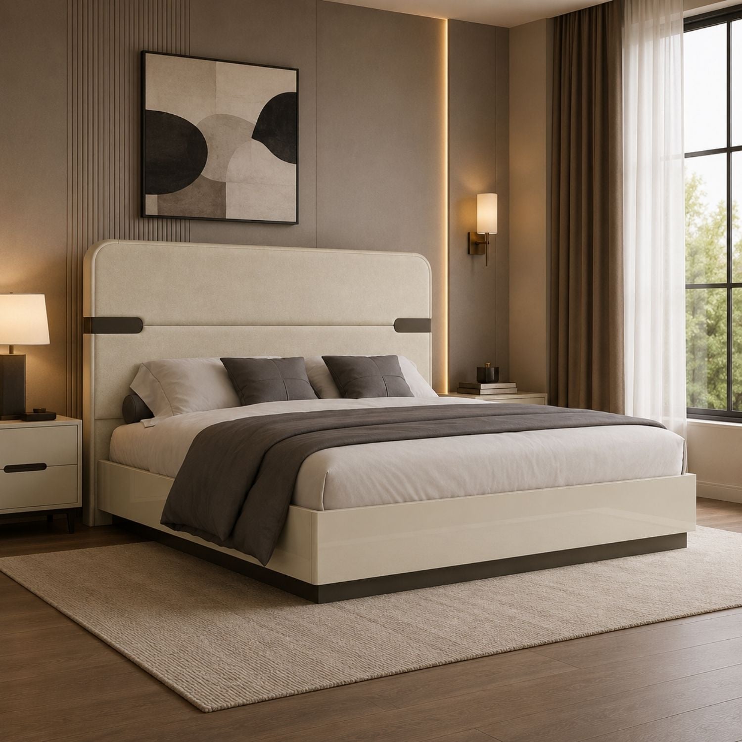 Elara Modern Platform Bed with Upholstered Headboard – Beige High Gloss