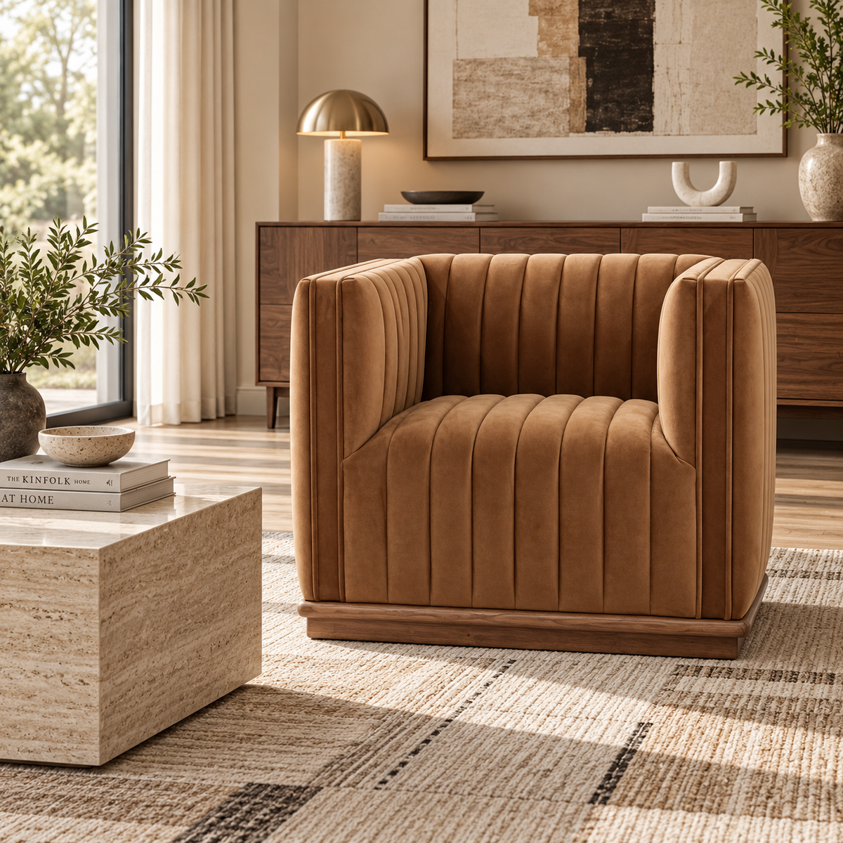 Elba Velvet Accent Chair with Wood Base – Bronze