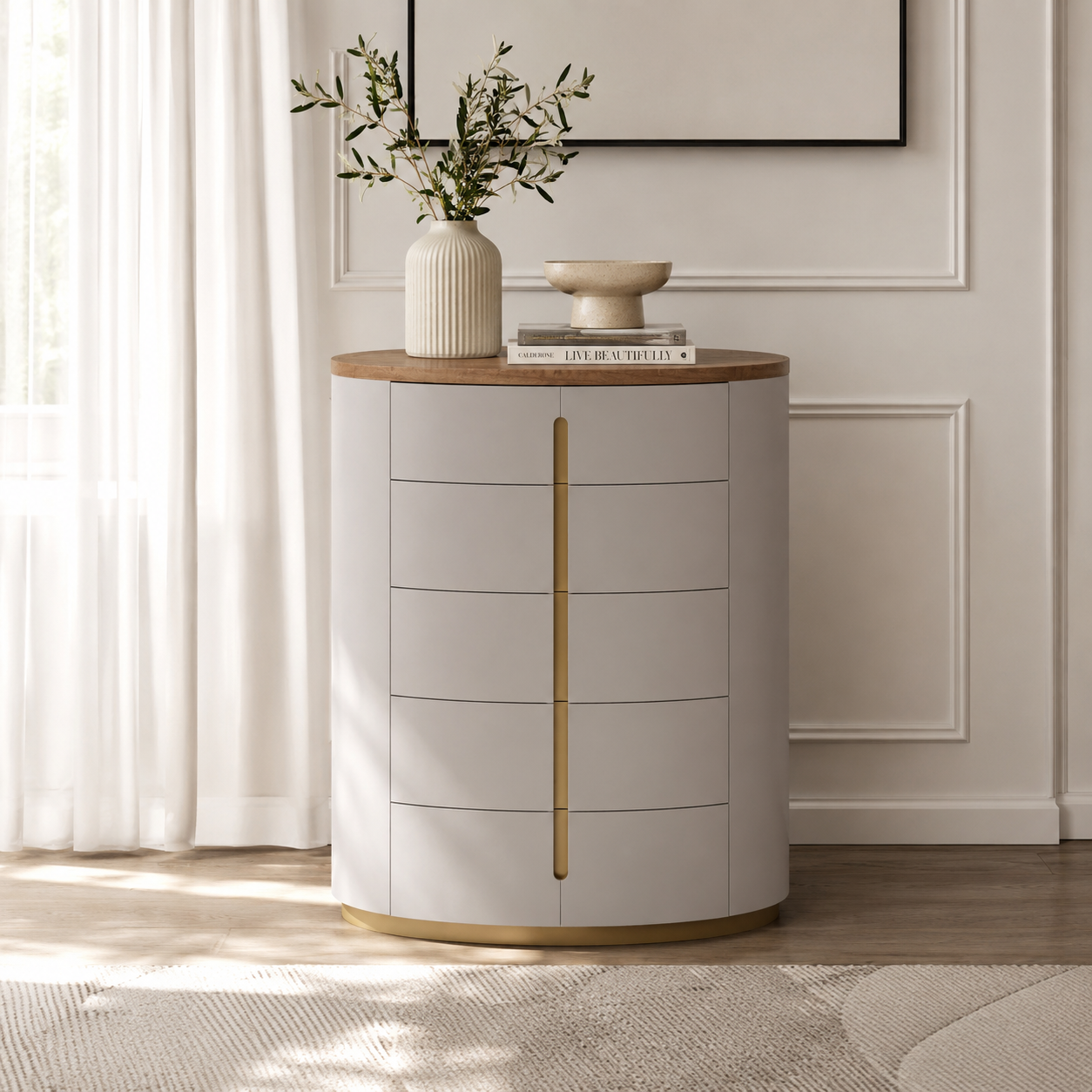 Elmira Modern 5 Drawers Curved Chest – Flannel Grey & Walnut