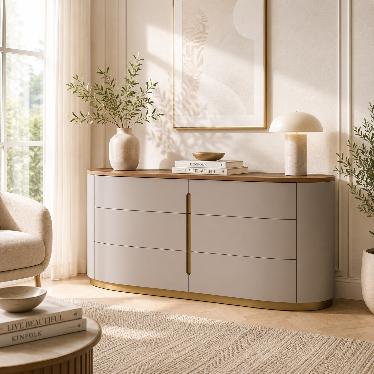 Elmira Modern Curved Dresser – Flannel Grey & Walnut