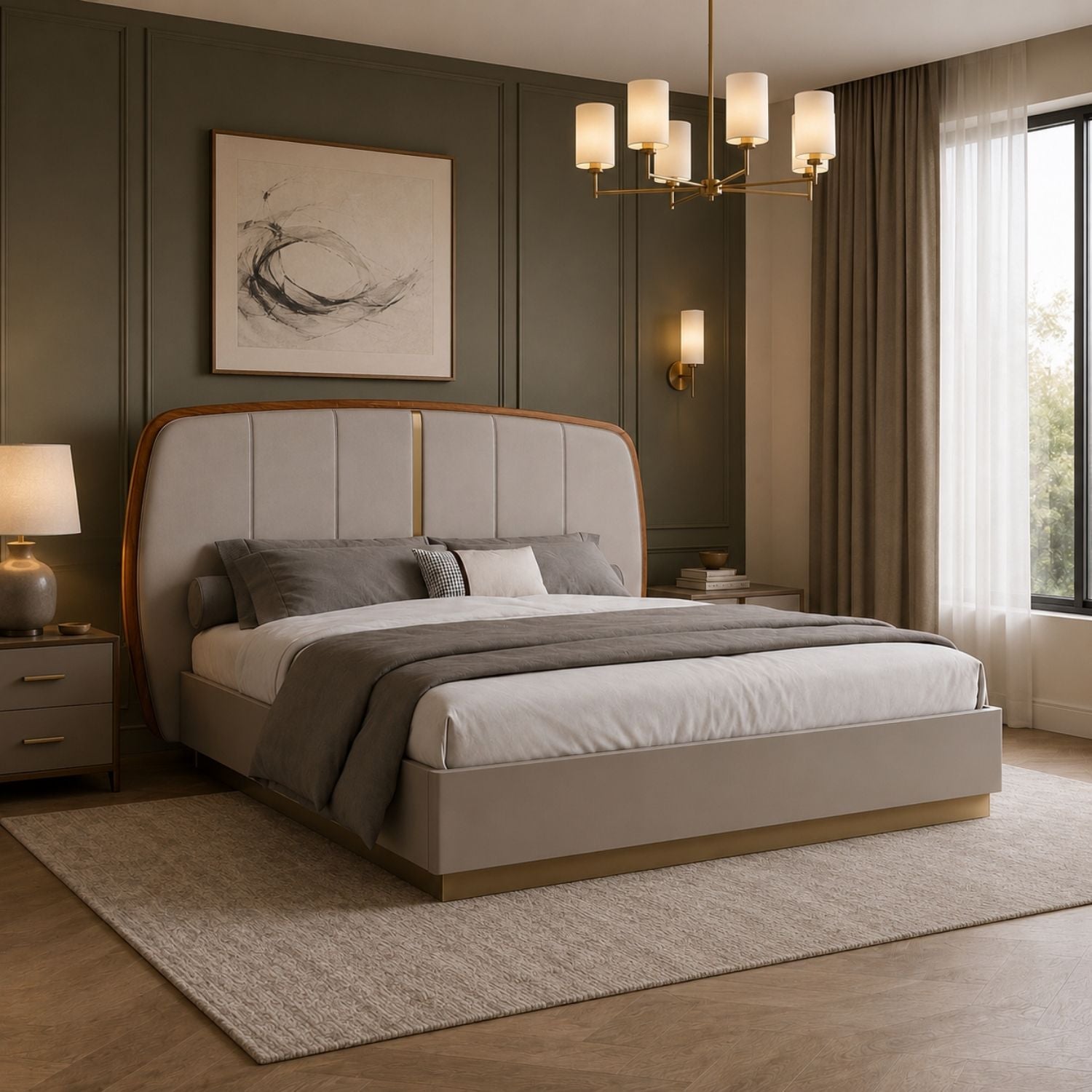 Elmira Modern Platform Bed with Upholstered Headboard – Flannel Grey & Walnut