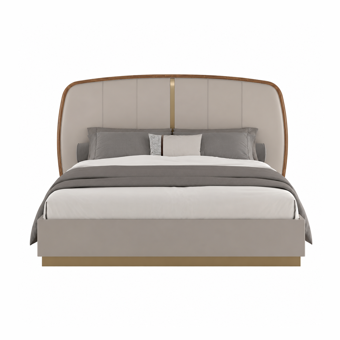 Elmira Modern Platform Bed with Upholstered Headboard – Flannel Grey & Walnut