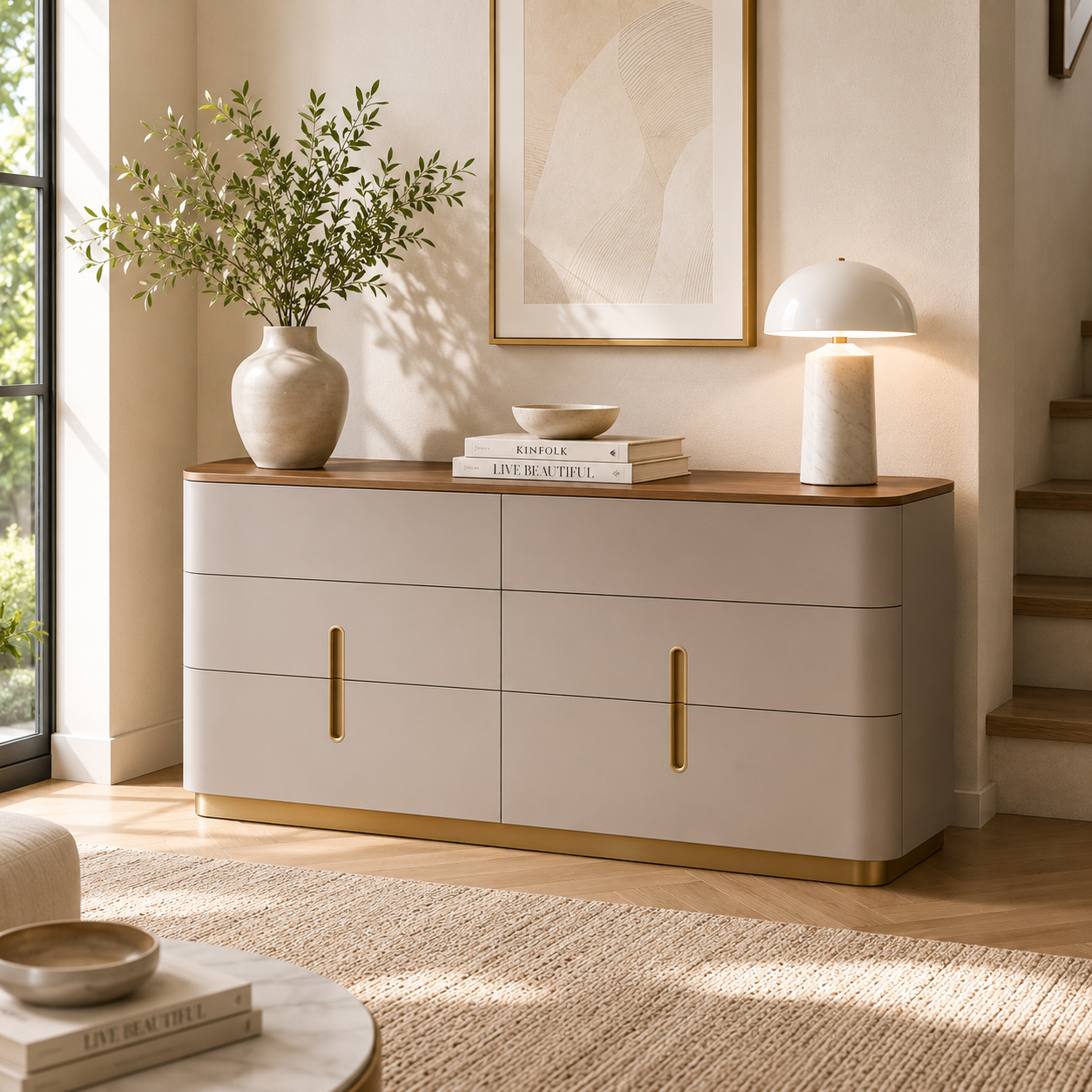 Elvona Modern 6 Drawer Dresser – Flannel Grey & Walnut