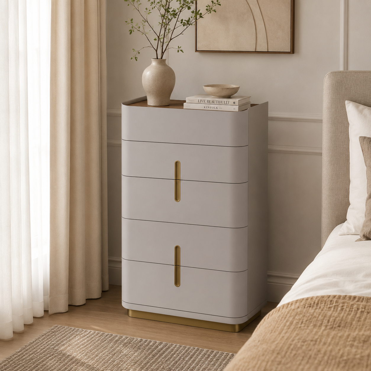 Elvona Modern Chest – Flannel Grey & Walnut