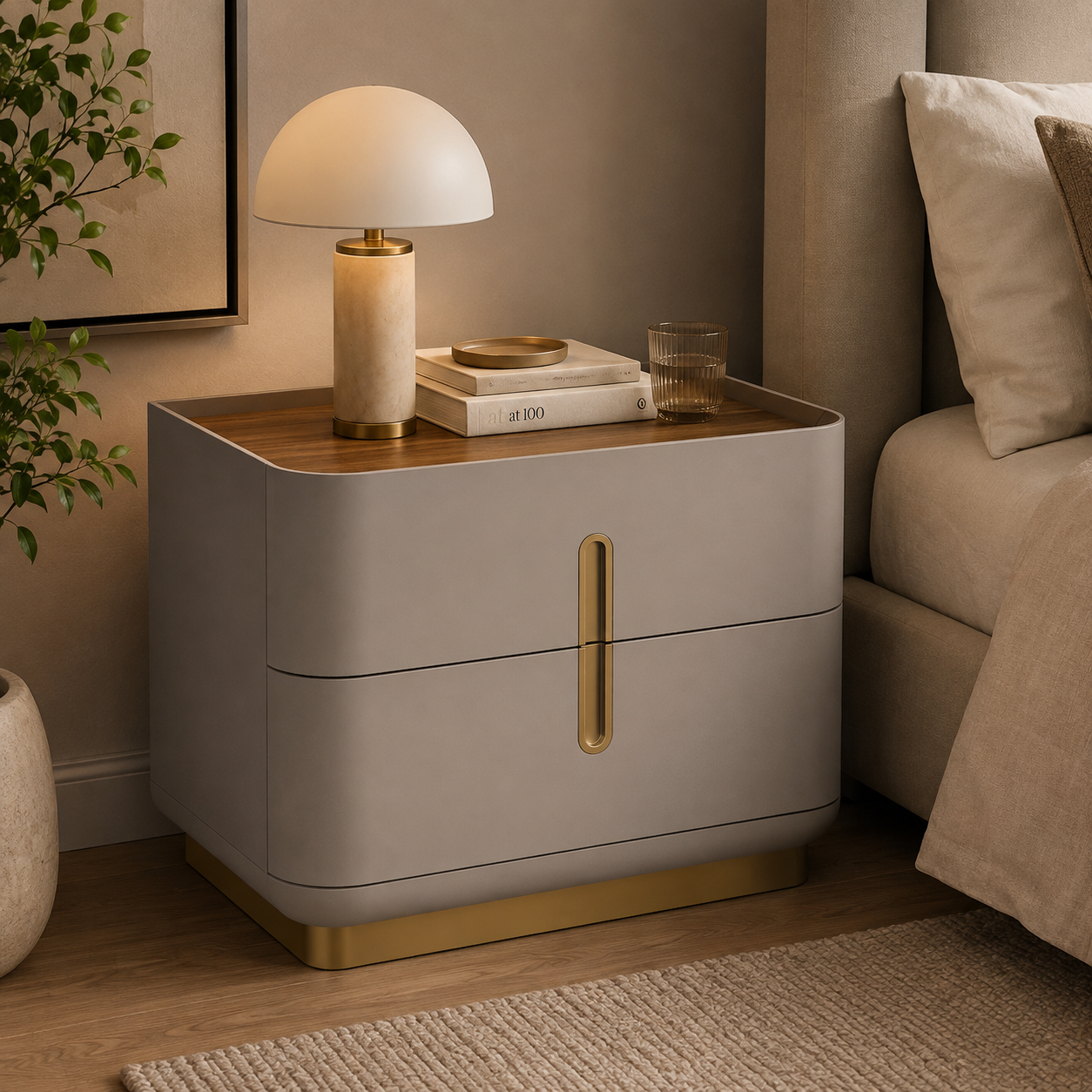 Elvona Modern Nightstand – Flannel Grey & Walnut