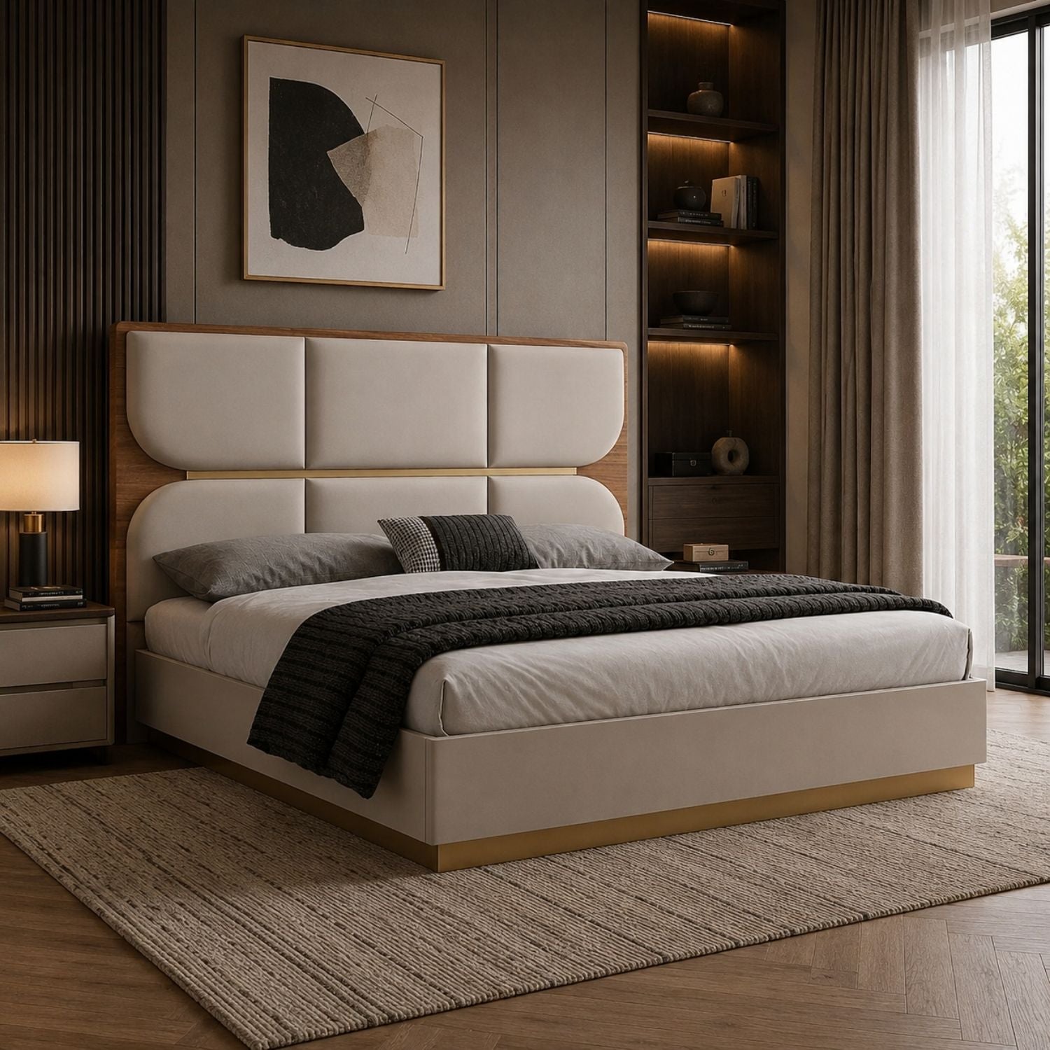 Elvona Modern Platform Bed with Upholstered Headboard – Flannel Grey & Walnut