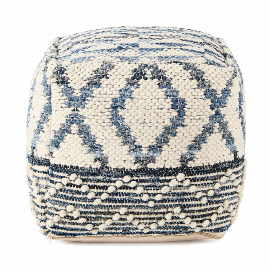 Eshana 16.0L x 16.0W x 16.0H Cream Wool and Denim Patterned Pouf