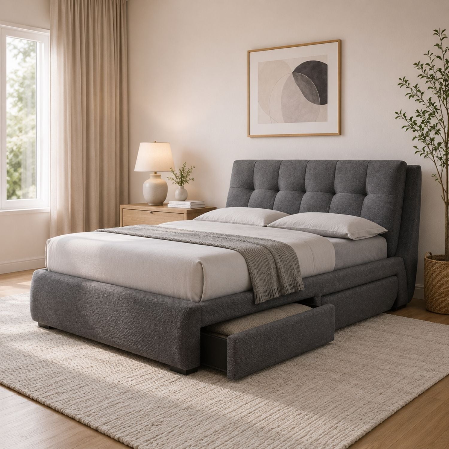 Fenbrook Transitional Grey Bed With Storage Drawers Queen Only