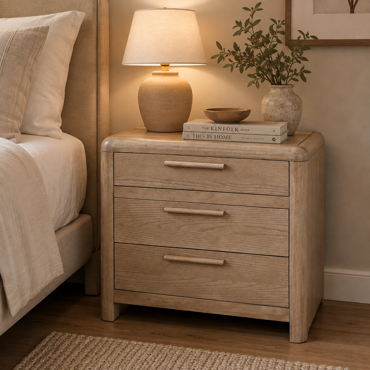 Furano Three Drawer Ash Wood Nightstand in Ginger