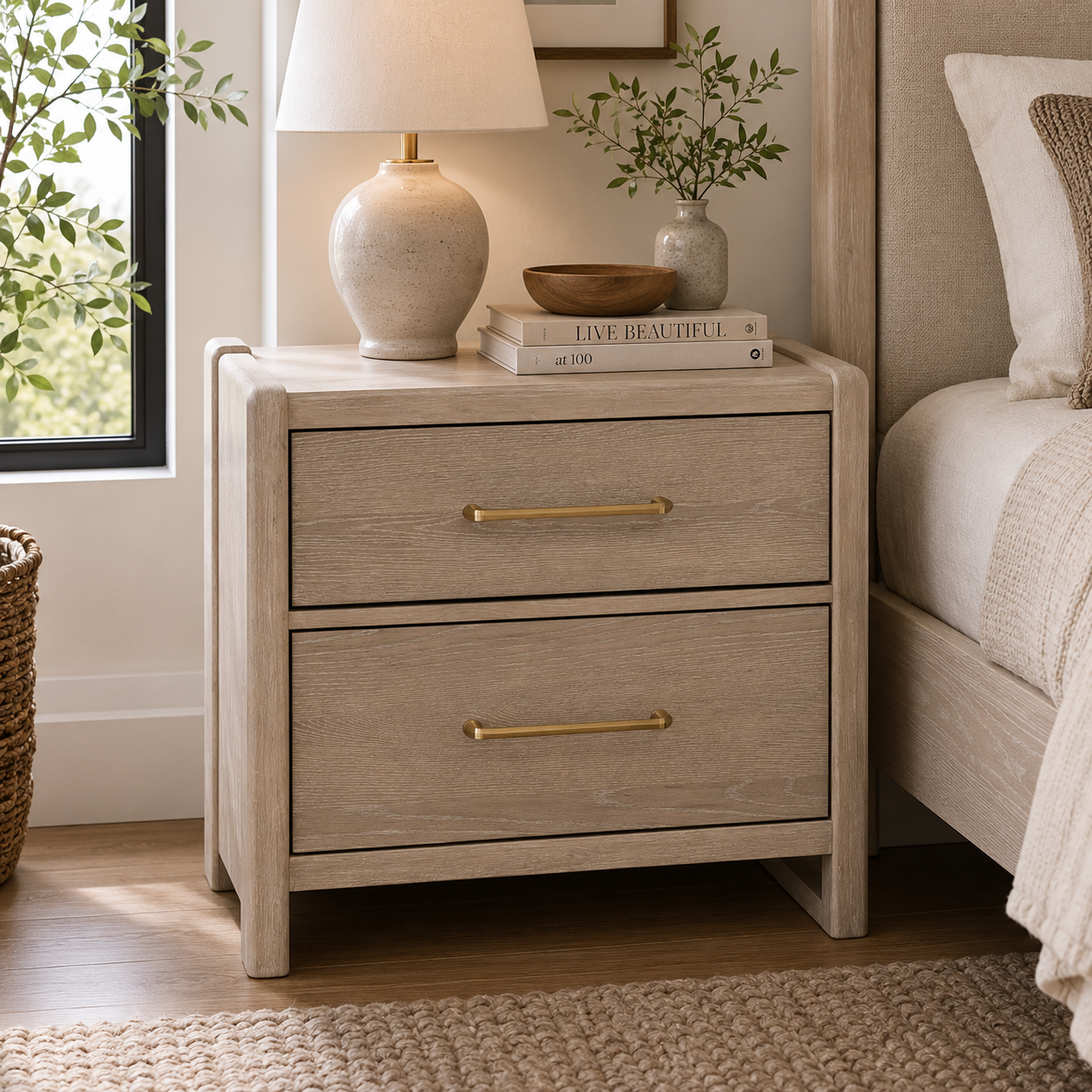 Gardenia 2 Drawer Oak Wood Nightstand in Chai