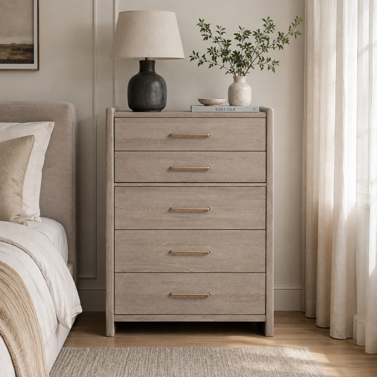 Gardenia Five Drawer Oak Wood Chest in Chai
