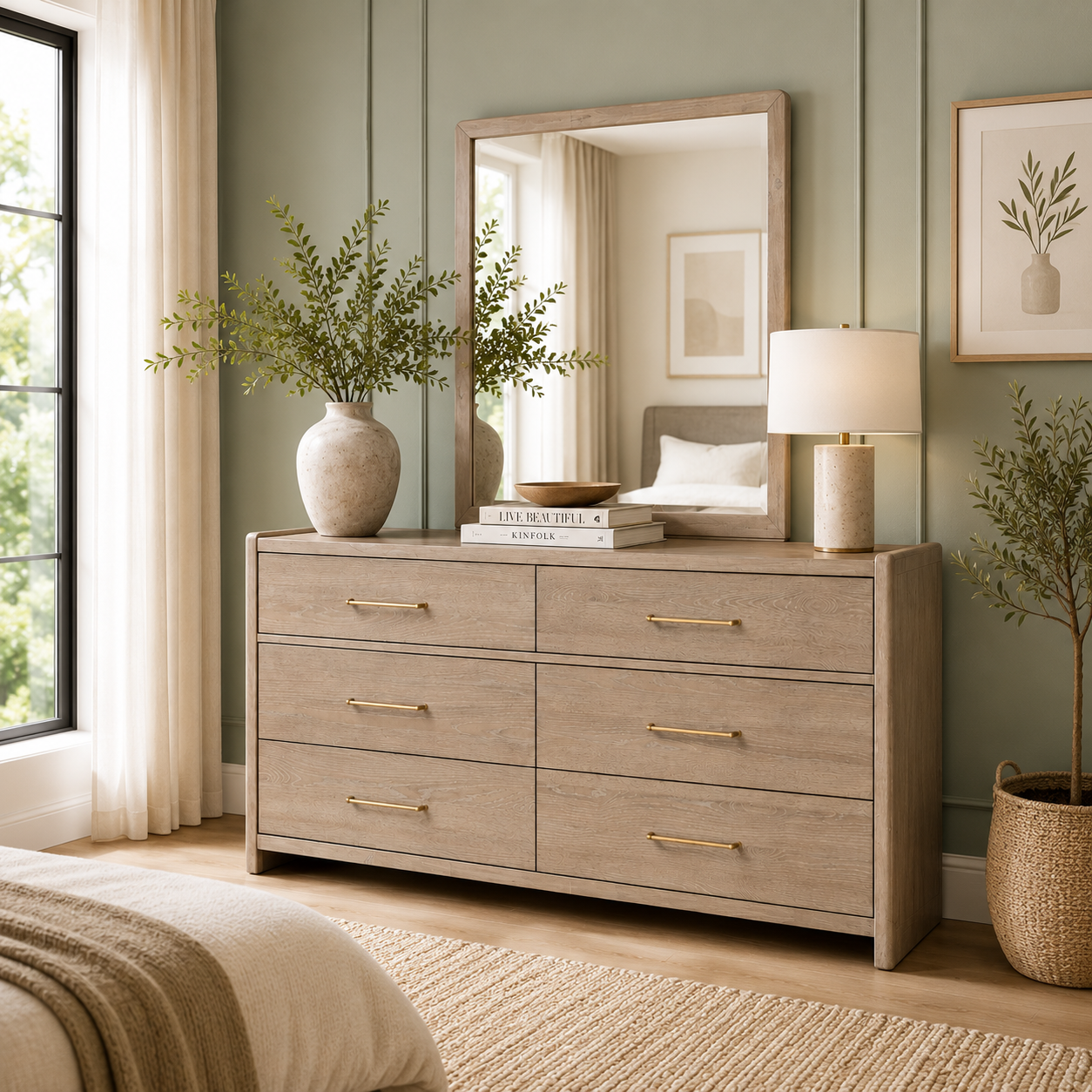Gardenia Six Drawer Oak Wood Dresser in Chai