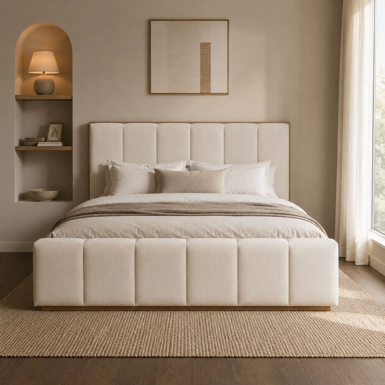 Gardenia Wood Frame Upholstered Platform Bed in Cotton and Chai