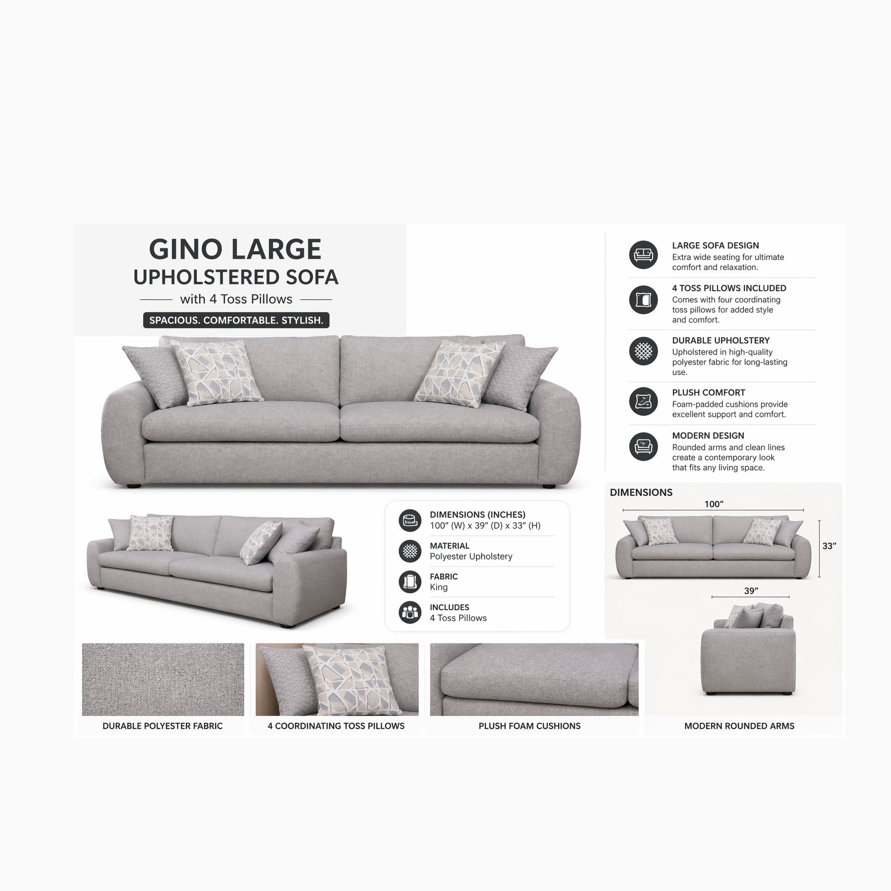 Gino Large Upholstered Sofa with 4 Toss Pillows