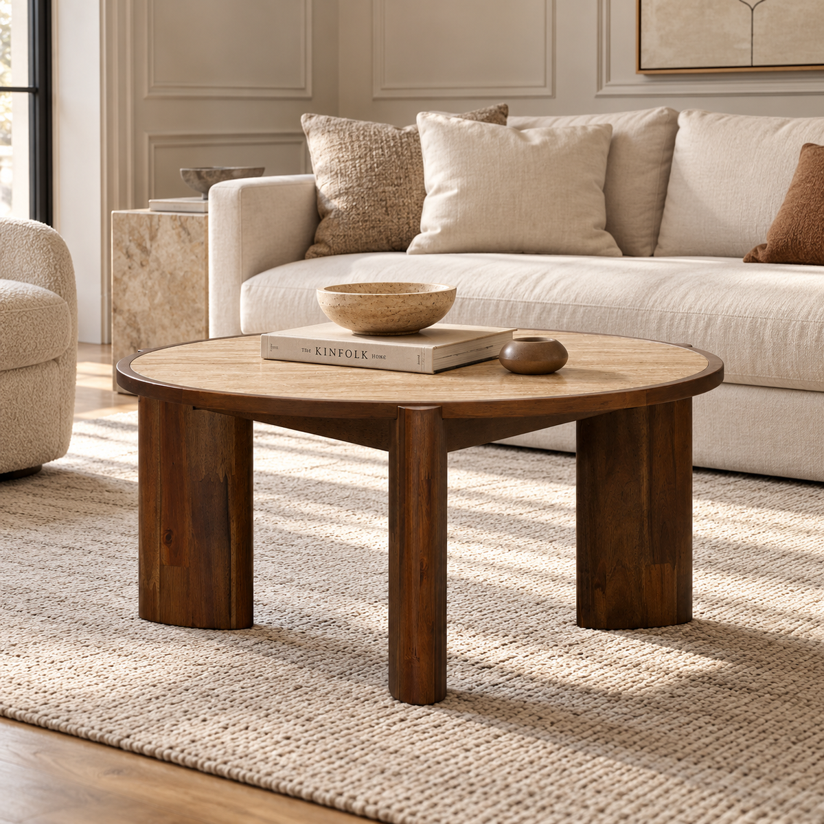 Helsa Round Coffee Table - Travertine