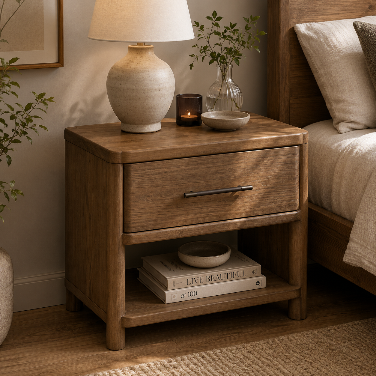 Hollis 1-Drawer Nightstand with Open Shelf – Cabin Glow Finish
