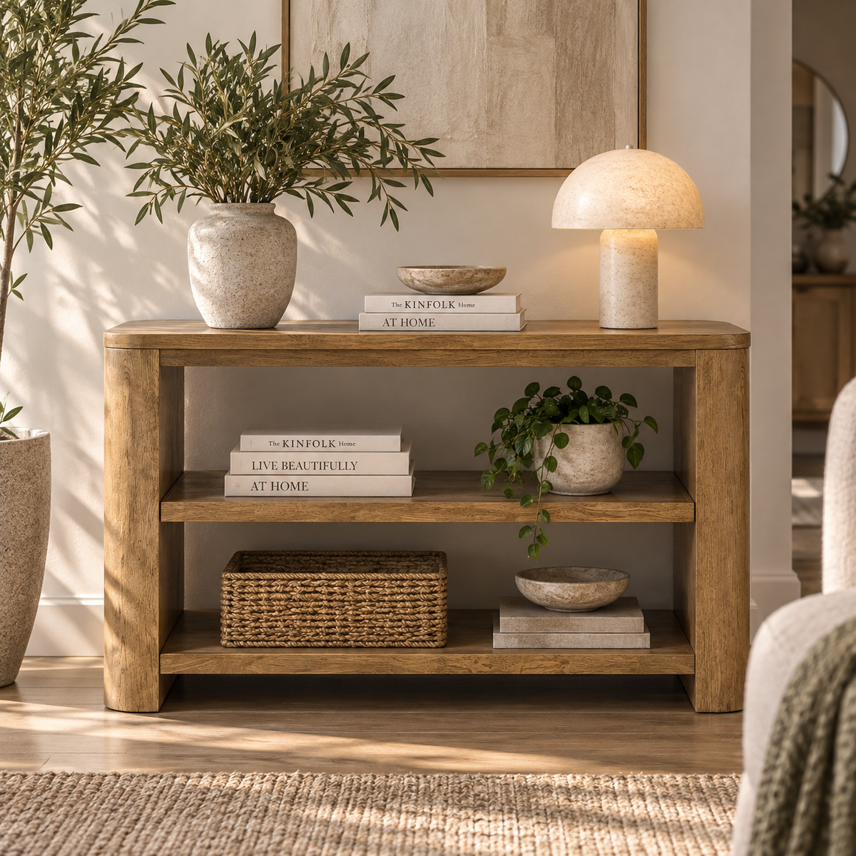 Janzen Oak Sofa Table with Open Shelving – Cascade Oak
