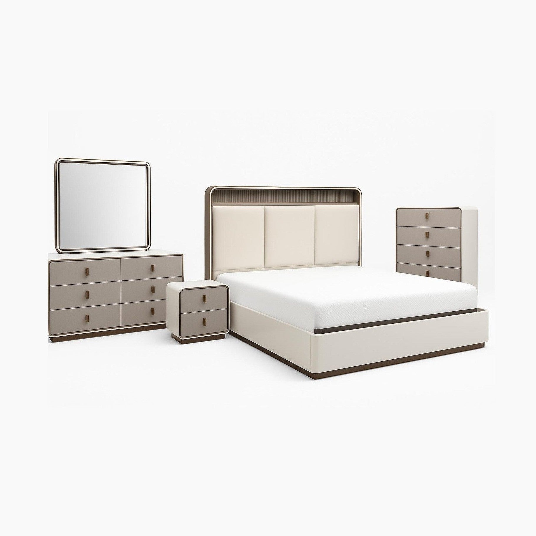 Joan 6-Drawer Bedroom Dresser – Light Grey Beige Glossy Finish