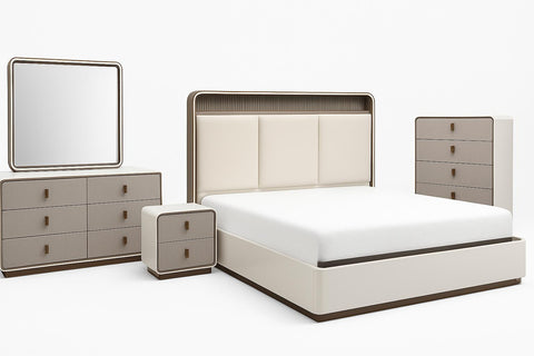 Joan Lift-Up Storage Bed with LED Headboard – Glossy Grey-Beige & Champagne Gold