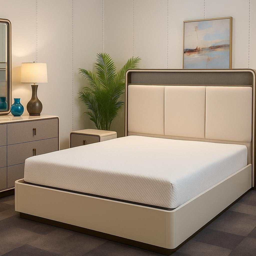 Joan 6-Drawer Bedroom Dresser – Light Grey Beige Glossy Finish