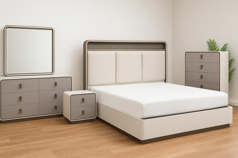 Joan Lift-Up Storage Bed with LED Headboard – Glossy Grey-Beige & Champagne Gold