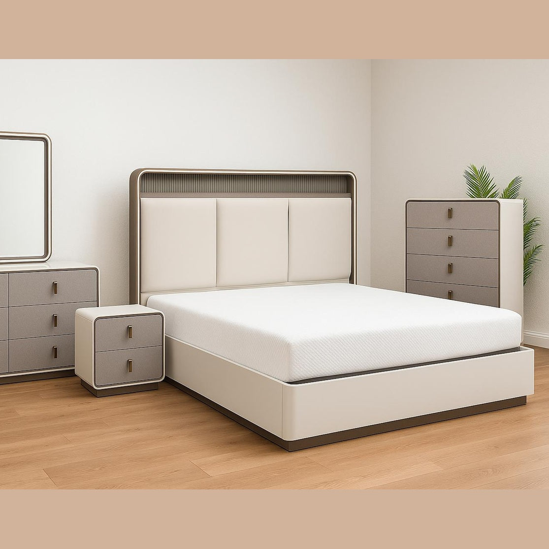 Joan 5-Drawer Bedroom Chest – Light Grey Beige Glossy Finish