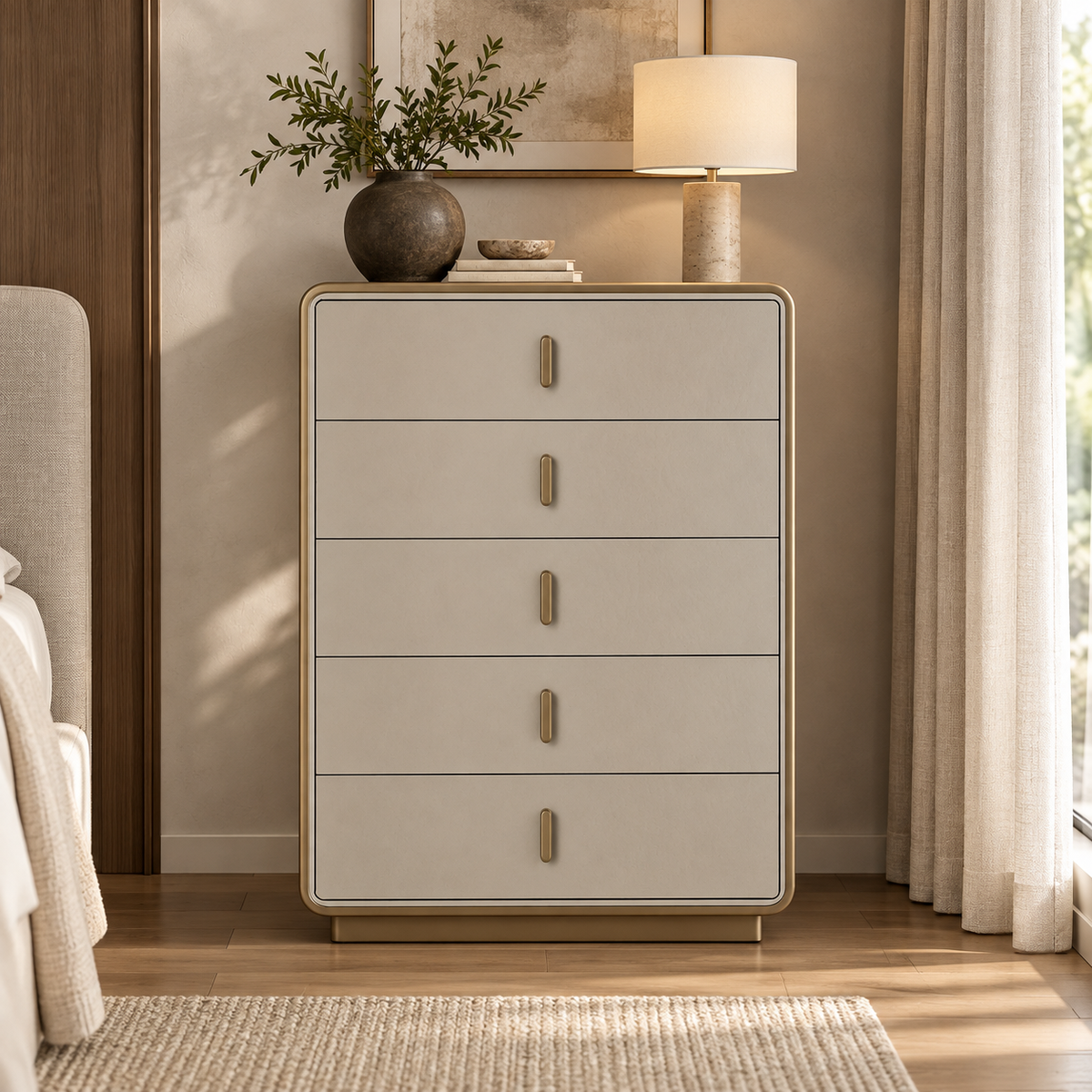 Joan 5-Drawer Bedroom Chest – Light Grey Beige Glossy Finish