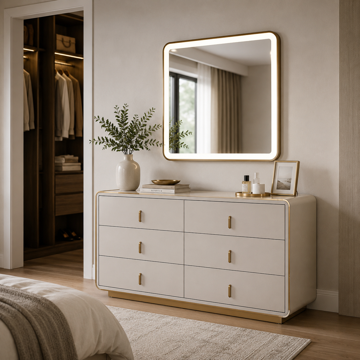 Joan 6-Drawer Bedroom Dresser – Light Grey Beige Glossy Finish