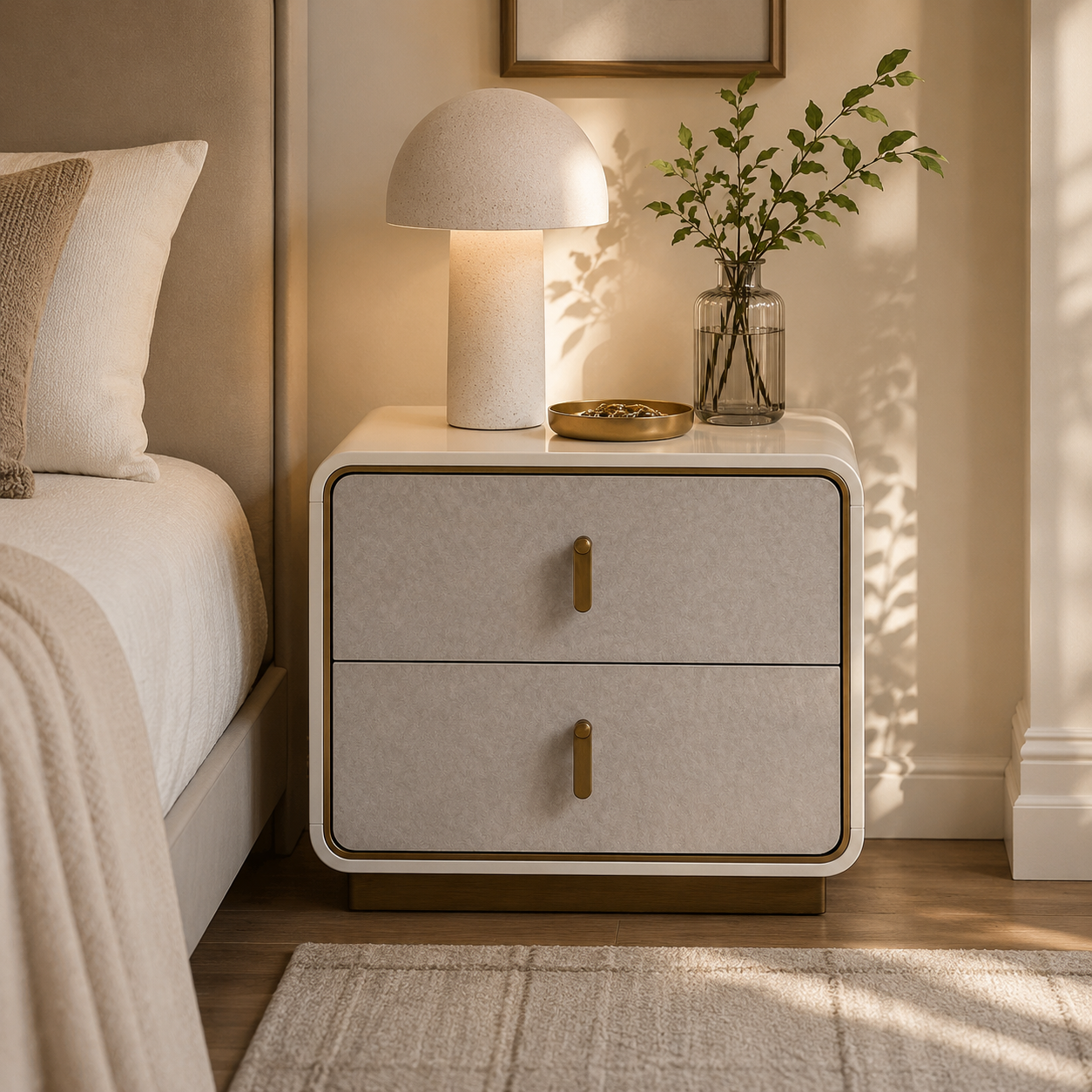 Joan Nightstand - Glossy Grey-Beige & Champagne Gold