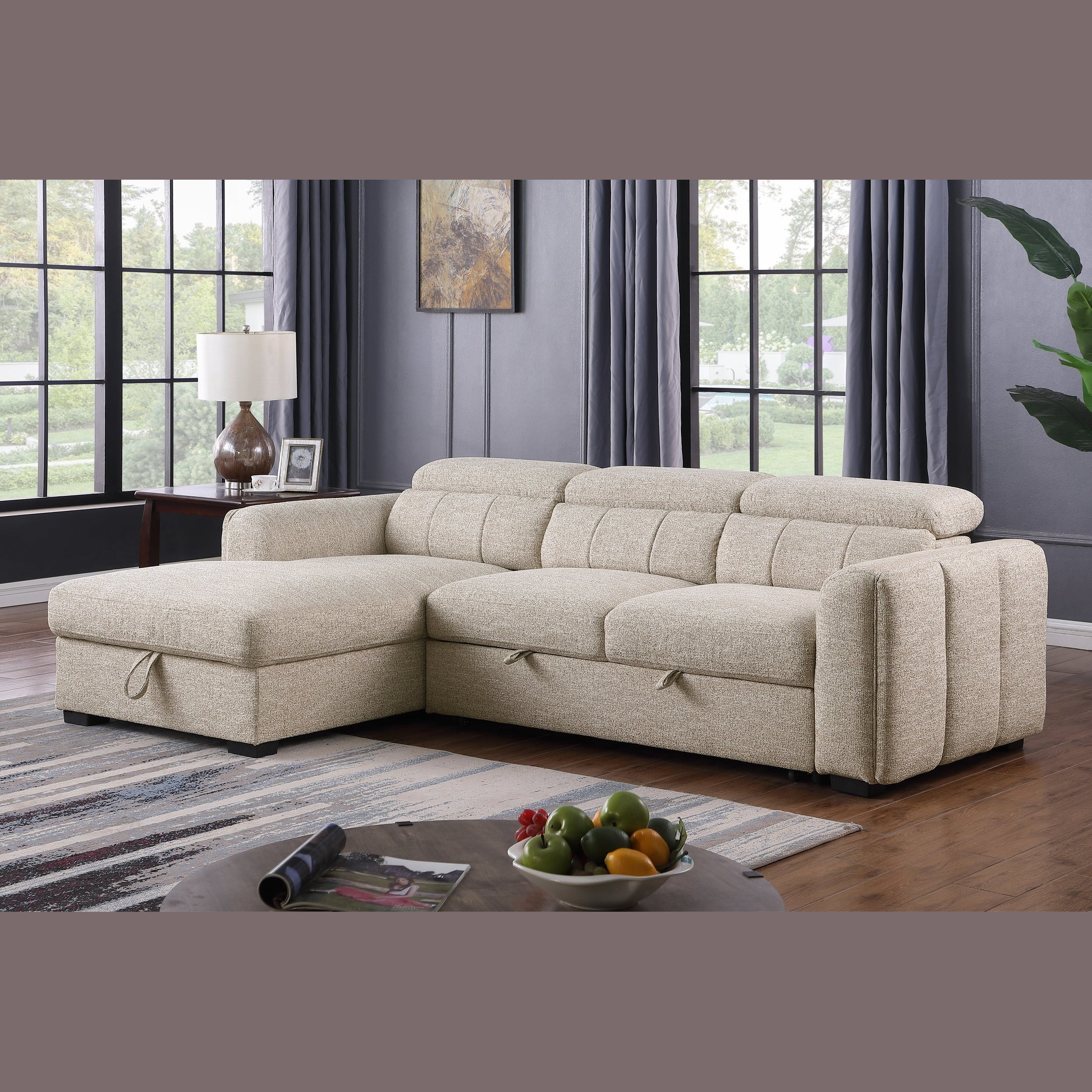Toren Performance Fabric Sectional Sleeper with Chaise – Oatmeal