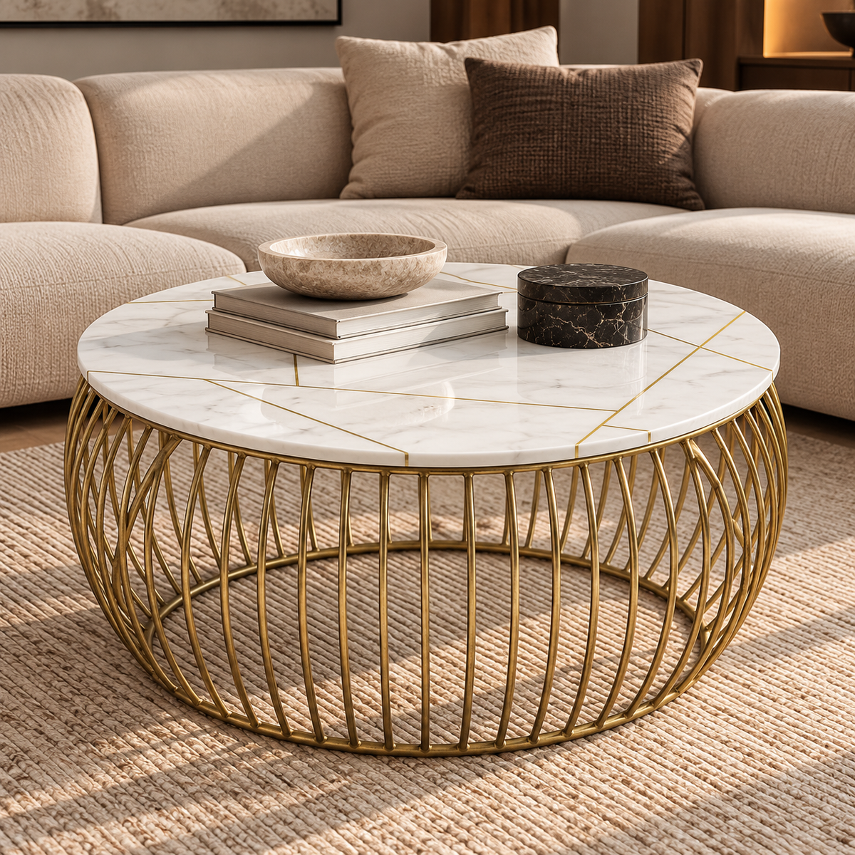 Katya Gold Round Marble Coffee Table Wire Metal Base